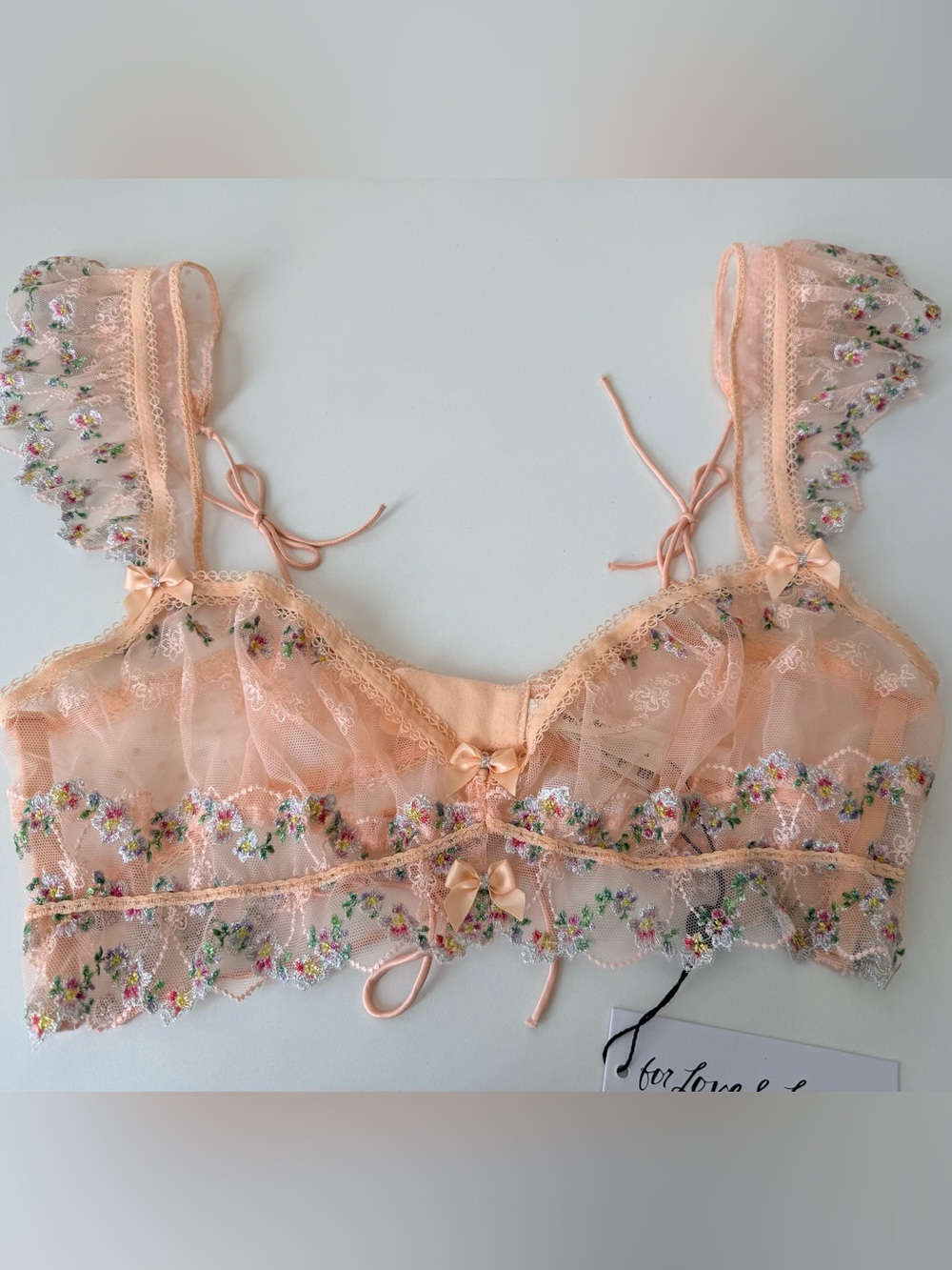 For Love and Lemons 🍋 Lacy Bra Bralette Embroidered Floral Lace Peach L NWT - Picture 2 of 10